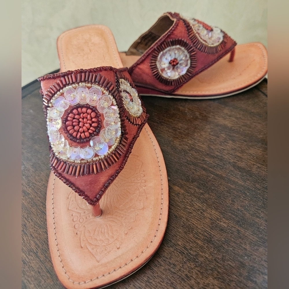 J.Jill Coral Sequence Bohemian Leather Thong Sandals-Size 7 - Picture 5 of 7